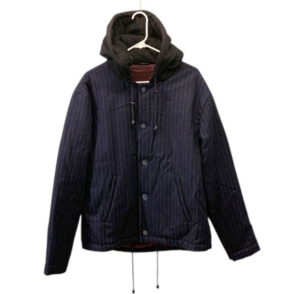 Yoon Hooded Quilted Jacket Mens US L Navy Vertical Stripe Designer Winter Coat - Picture 1 of 13